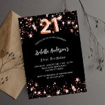Postal De Invitación Estrellas de oro de rosa negro de 21 años<br><div class="desc">Un fondo negro clásico,  decorado con estrellas doradas subió. Personalice y agregue un nombre y detalles del fiesta. El número 21 se escribe con un guión de estilo globo.</div>