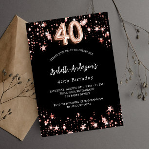 Postal De Invitación Estrellas de oro de rosa negro de 40 años