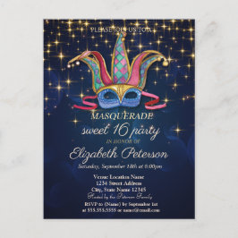 Postal De Invitación Estrellas de oro, masque colorida, dulce azul mari