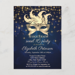 Postal De Invitación Estrellas de oro, masque, dulce azul marino 16