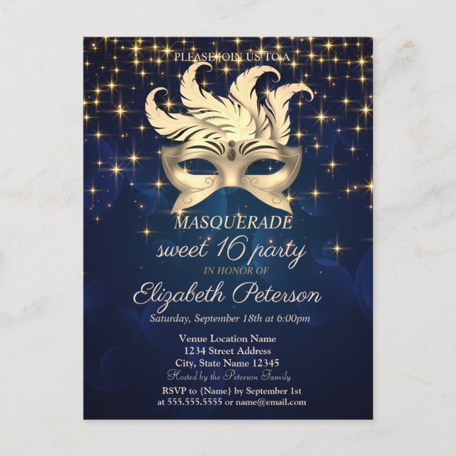 Postal De Invitación Estrellas de oro, masque, dulce azul marino 16 (Anverso)