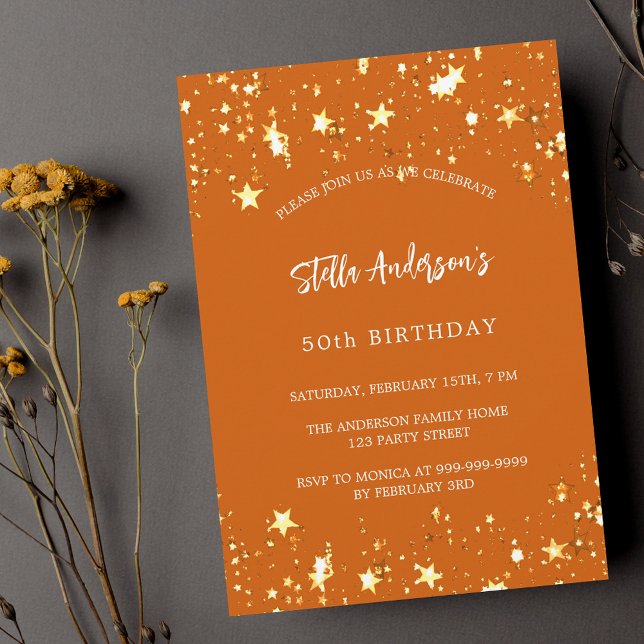 Postal De Invitación Estrellas de oro naranja de cumpleaños modernas (Subido por el creador)