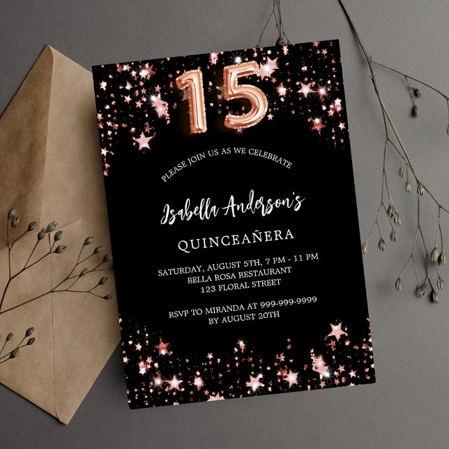 Postal De Invitación Estrellas de rosa negro de Quinceanera (Subido por el creador)