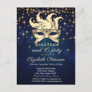 Postal De Invitación Estrellas Doradas,Máscara,Azul Marino Dulces 16