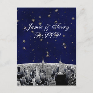 Postal De Invitación Etched NYC Skyline 2 Blanco Negro RSVP 1
