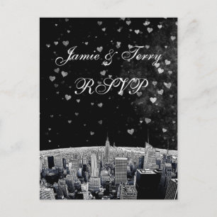 Postal De Invitación Etched NYC Skyline #2 Negro Blanco Corazón RSVP 1