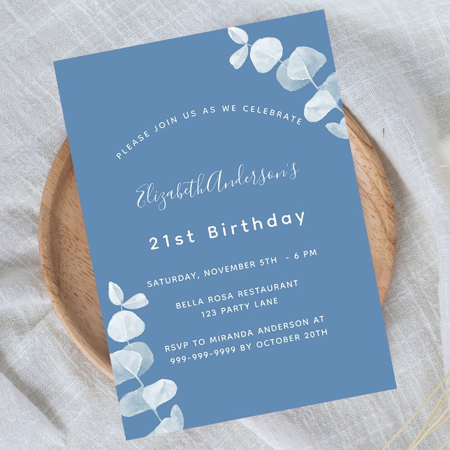 Postal De Invitación Eucalipto blanco azul polvoriento de fiesta de cum (Subido por el creador)