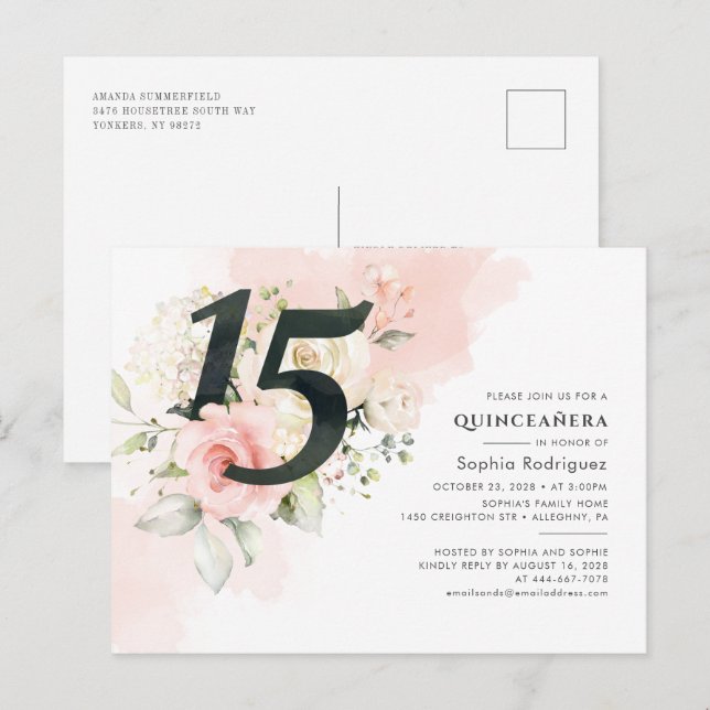Postal De Invitación Eucalipto floral deja Quinceanera 15 cumpleaños (Anverso / Reverso)