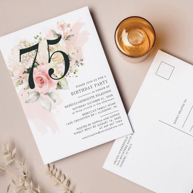 Postal De Invitación Eucalipto Floral Rosa Foliage 75ª fiesta de cumple (Subido por el creador)