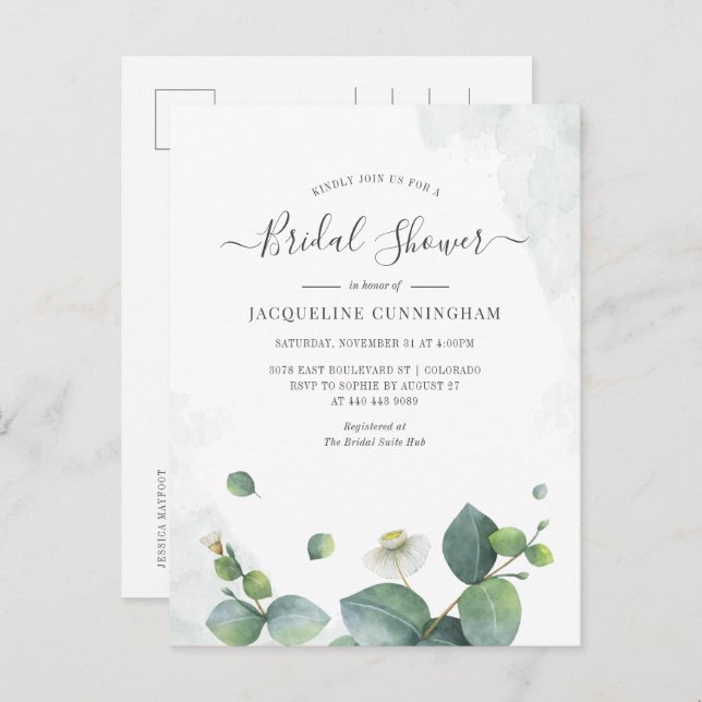 Postal De Invitación Eucalyptus Bridal Shower Script Suculento Verdor (Anverso / Reverso)