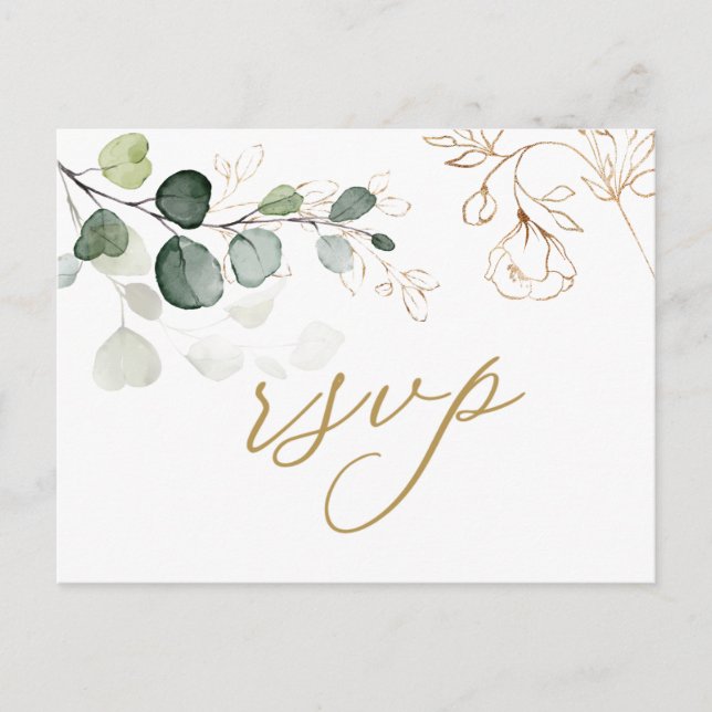 Postal De Invitación Eucalyptus deja Boda Golden Floral RSVP (Anverso)