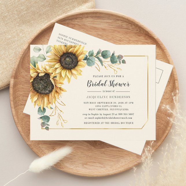 Postal De Invitación Eucalyptus Floral Sunflower Script Brillante Ducha (Floral Sunflower Eucalyptus Greenery Bridal Shower Invitation Postcard)