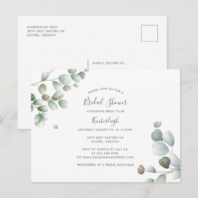 Postal De Invitación Eucalyptus Foliage Botanage Bridal Shower (Anverso / Reverso)