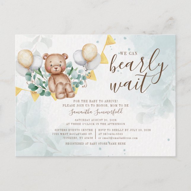 Postal De Invitación Eucalyptus Foliage Greenery Bear Rubor Baby Shower (Anverso)