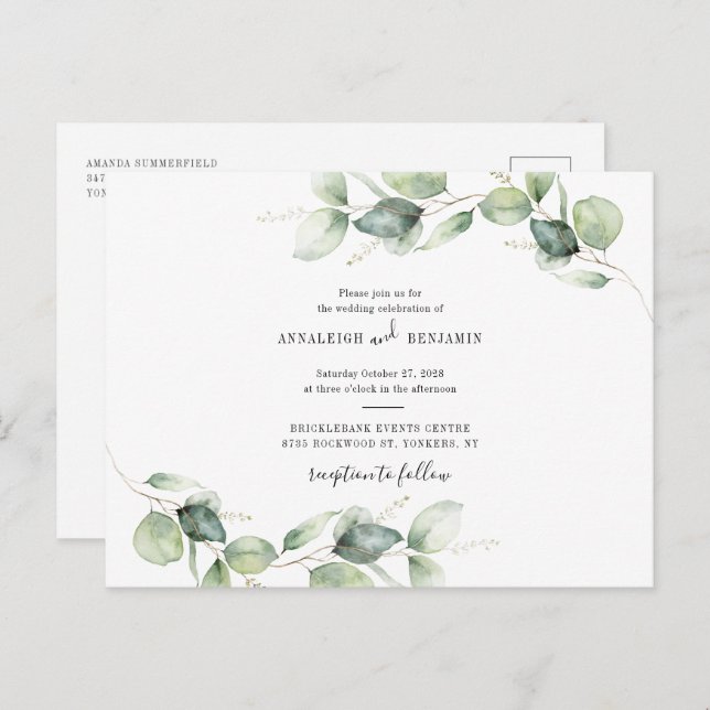 Postal De Invitación Eucalyptus Foliage Rústico Boda (Anverso / Reverso)