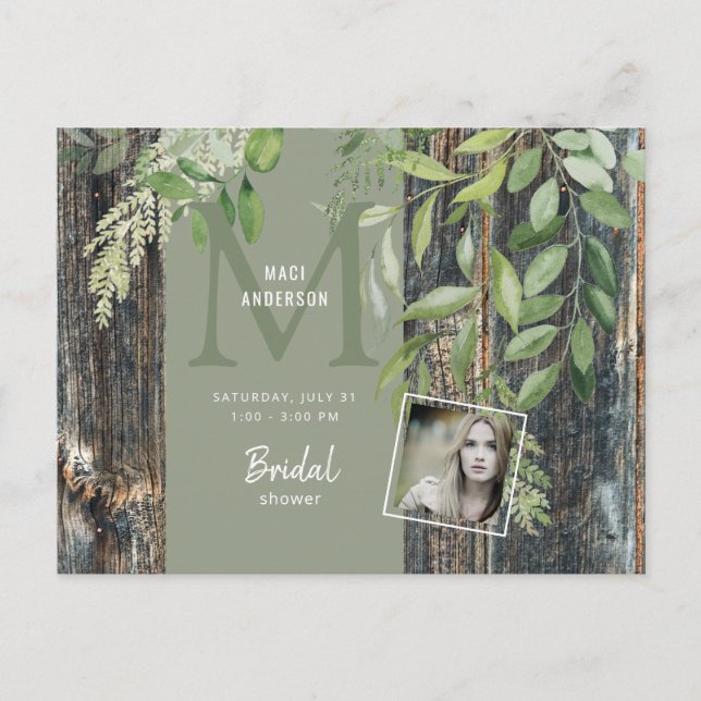 Postal De Invitación Eucalyptus Foto Rustica Sage Bridal Shower (Anverso)