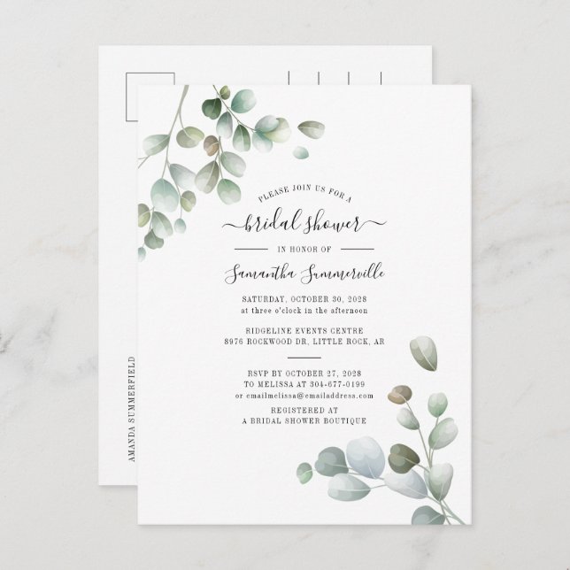 Postal De Invitación Eucalyptus Greenery Botanic Script Bridal Shower (Anverso / Reverso)