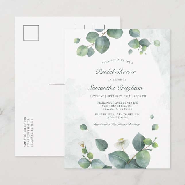 Postal De Invitación Eucalyptus Greenery Botanical Bridal Shower (Anverso / Reverso)