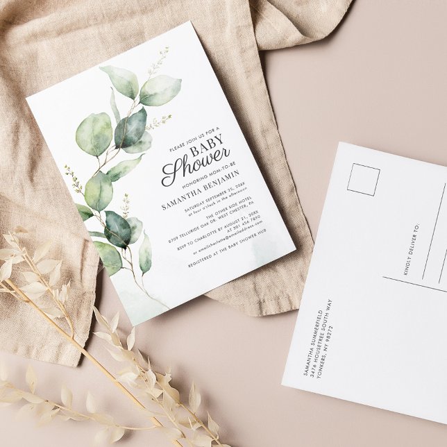 Postal De Invitación Eucalyptus Greenery Boy Baby Shower (Eucalyptus Baby Shower Invitation Postcard)