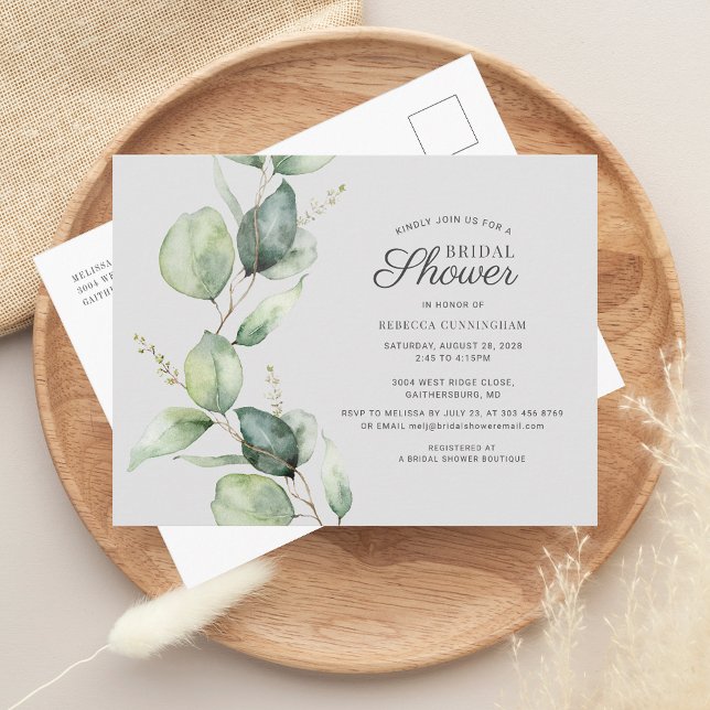 Postal De Invitación Eucalyptus Greenery deja una ducha manuscrita de n (Eucalyptus Watercolor Greenery Bridal Shower Invitation)
