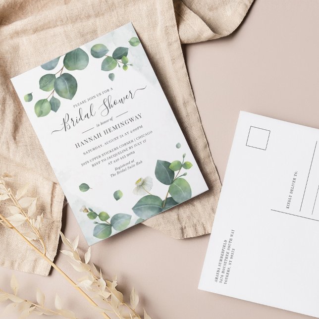 Postal De Invitación Eucalyptus Greenery Elegant Rubor Bridal Shower (Eucalyptus Botanical Bridal Shower Invitation Postcard)