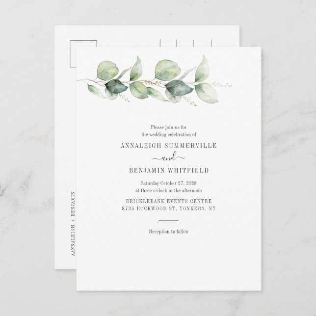 Postal De Invitación Eucalyptus Greenery Foliage Boda Botánico (Anverso / Reverso)
