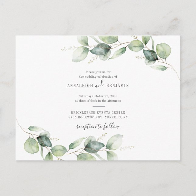 Postal De Invitación Eucalyptus Greenery Foliage Rústica Boda rural (Anverso)