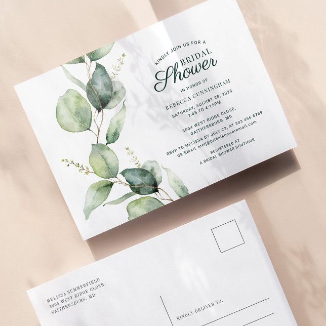 Postal De Invitación Eucalyptus Greenery Foliage Script Bridal Shower (Eucalyptus Greenery Botanical Bridal Shower Invitation Postcard)