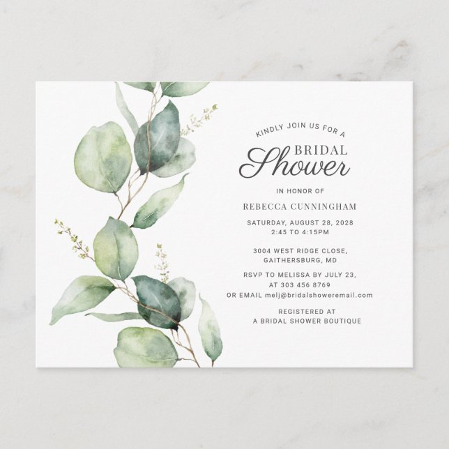 Postal De Invitación Eucalyptus Greenery Script Shower Bridal (Anverso)