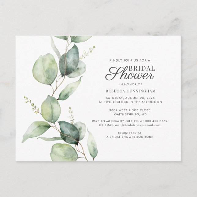 Postal De Invitación Eucalyptus Greenery Script Shower Bridal (Anverso)