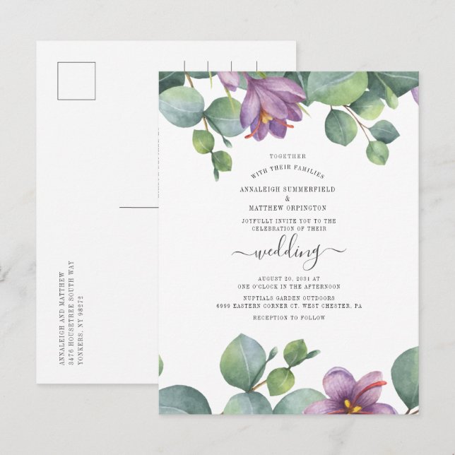 Postal De Invitación Eucalyptus Greenery Succulent Watercolor Boda (Anverso / Reverso)