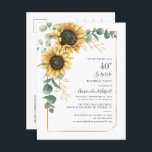 Postal De Invitación Eucalyptus Greenery Sunflower 40 Fiesta de cumplea<br><div class="desc">Crea una invitación de cumpleaños con nuestra plantilla geométrica floral y verde con girasol y eucalipto con marco geométrico de Relieve metalizado de oro,  haciendo clic en el botón "Personalizar"</div>