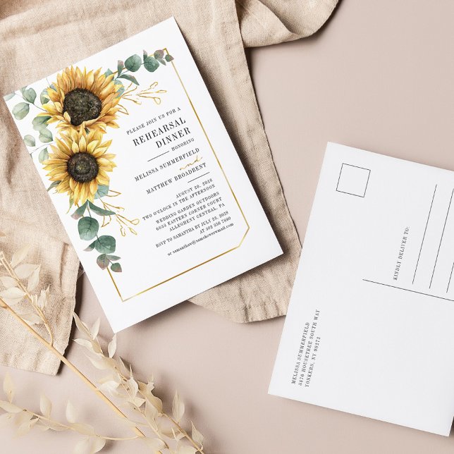 Postal De Invitación Eucalyptus Greenery Sunflower Ensayo Cena (Sunflower Eucalyptus Wedding Rehearsal Dinner Invitation)