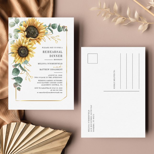 Postal De Invitación Eucalyptus Greenery Sunflower Ensayo Cena (Sunflower Floral Wedding Rehearsal Dinner Invitation Postcard)