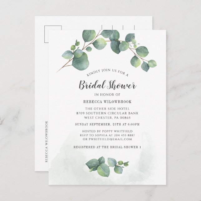 Postal De Invitación Eucalyptus Greenery Watercolour Bridal Shower (Anverso / Reverso)