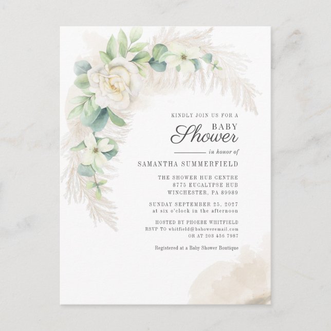 Postal De Invitación Eucalyptus Pampas Grass Greenery Chica Baby Shower (Anverso)