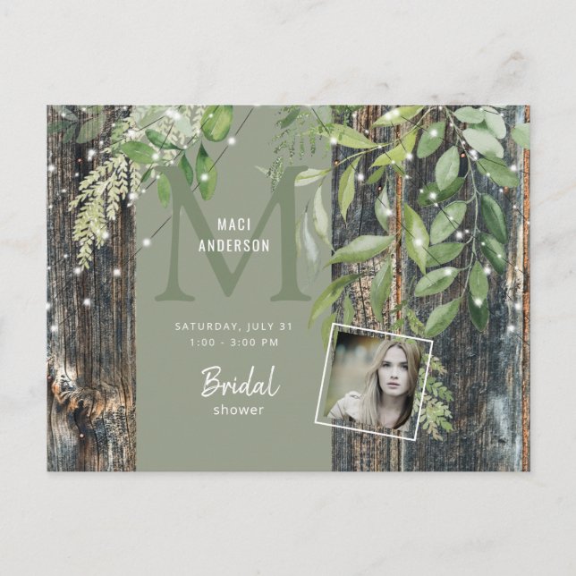 Postal De Invitación Eucalyptus Rústica Foto Sage Bridal Shower Luces (Anverso)