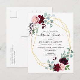 Postal De Invitación Eucalyptus Script Burgundy Floral Bridal Shower