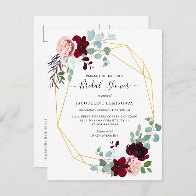 Postal De Invitación Eucalyptus Script Burgundy Floral Bridal Shower (Anverso / Reverso)