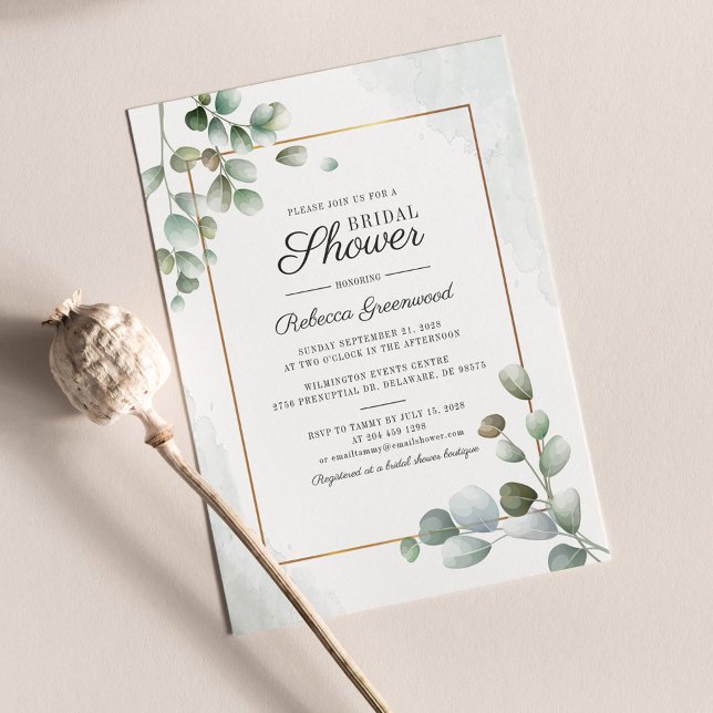 Postal De Invitación Eucalyptus Suculentas Ducha Gométrica Bridal (Eucalyptus Greenery Script Typography Bridal Shower Invitation Postcard)