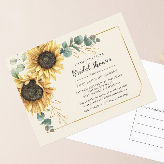 Postal De Invitación Eucalyptus Sunflower Floral Script Floral Brillant (Floral Sunflower Eucalyptus Bridal Shower Invitation Postcard)