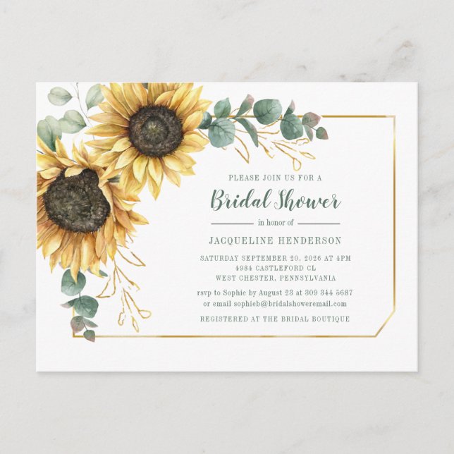 Postal De Invitación Eucalyptus Sunflower Geometric Bridal Shower (Anverso)
