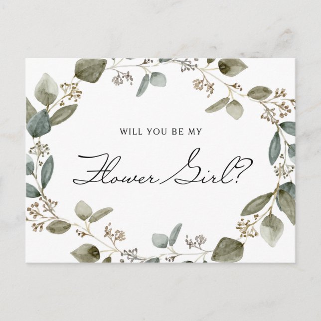 Postal De Invitación Eucalyptus Wreath Be My Flower Girl (Anverso)