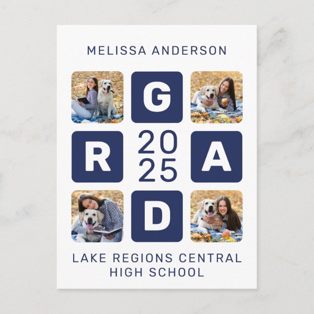 Postal De Invitación Exclusivo Grad Navy Blue White 4 Photo Graduation (Anverso)