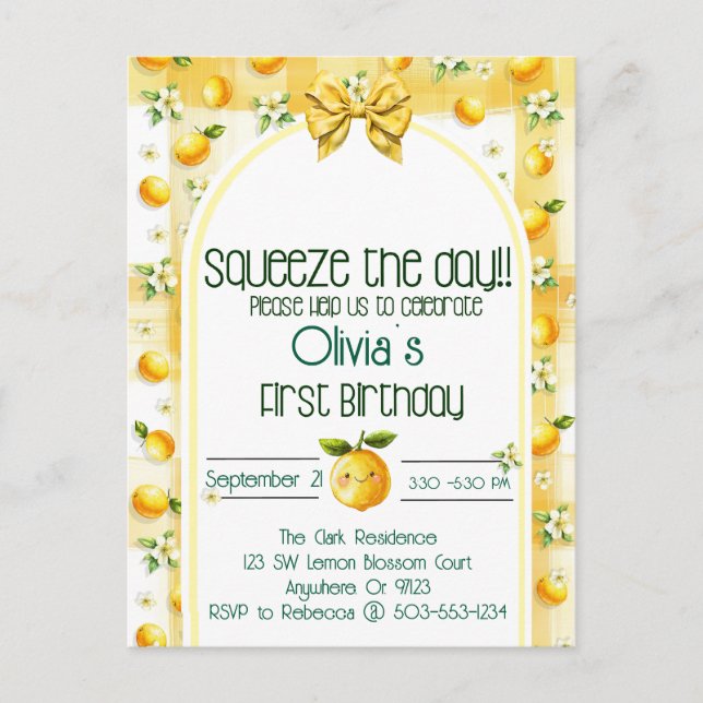 Postal De Invitación Exprime el día - Cumpleaños 1 de bebés (Anverso)
