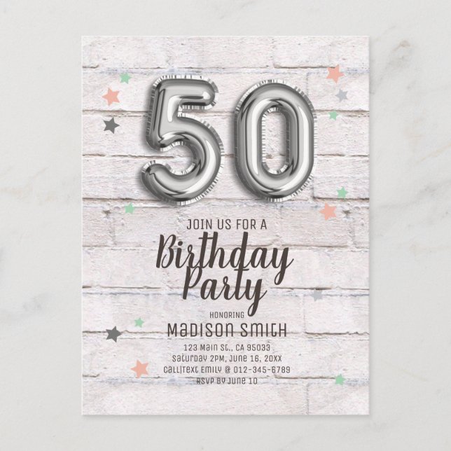 Postal De Invitación Fabuloso 50 Relieves metalizados de estrellas de g (Anverso)