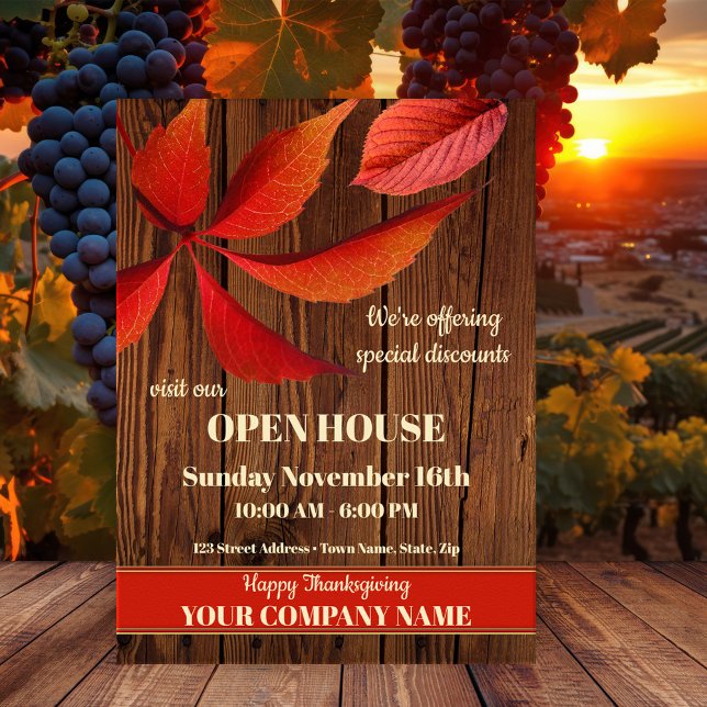 Postal De Invitación Fall Thankending Open House Company (Fall, autumn or Thanksgiving announcement or invitation postcard with colorful leaves on rustic wood)