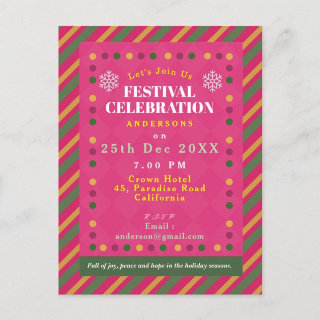 Postal De Invitación Family Christmas Party Stripe Red Holiday Postcard (Anverso)
