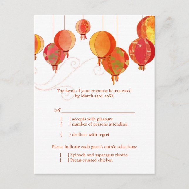 Postal De Invitación Fancy Red Paper Lanterns Boda Comida Choice RSVP (Anverso)