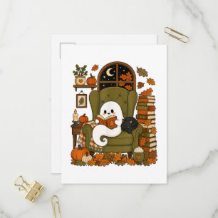 Postal De Invitación Fantasma Lindo Leyendo Libro Gato Negro Otoño Cala